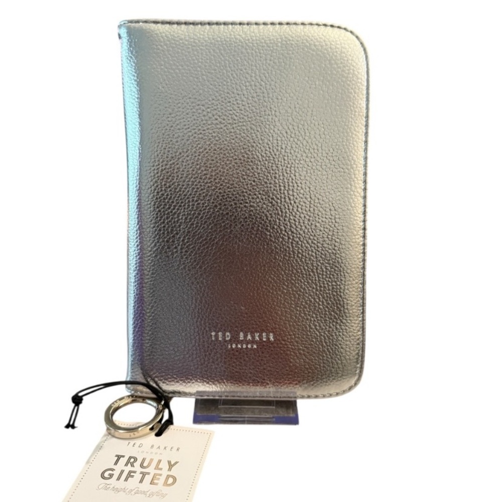Ted Baker Silver Metallic Pebbled Leather Zip Pouch